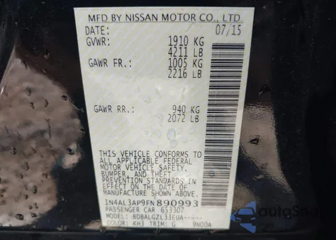 2015 Nissan Altima 2.5/2.5 S/2.5 Sl/2.5 Sv из США, поврежденный, VIN 1N4AL3AP9FN890993